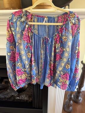 Blue Floral Peasant Blouse with Tie Front
